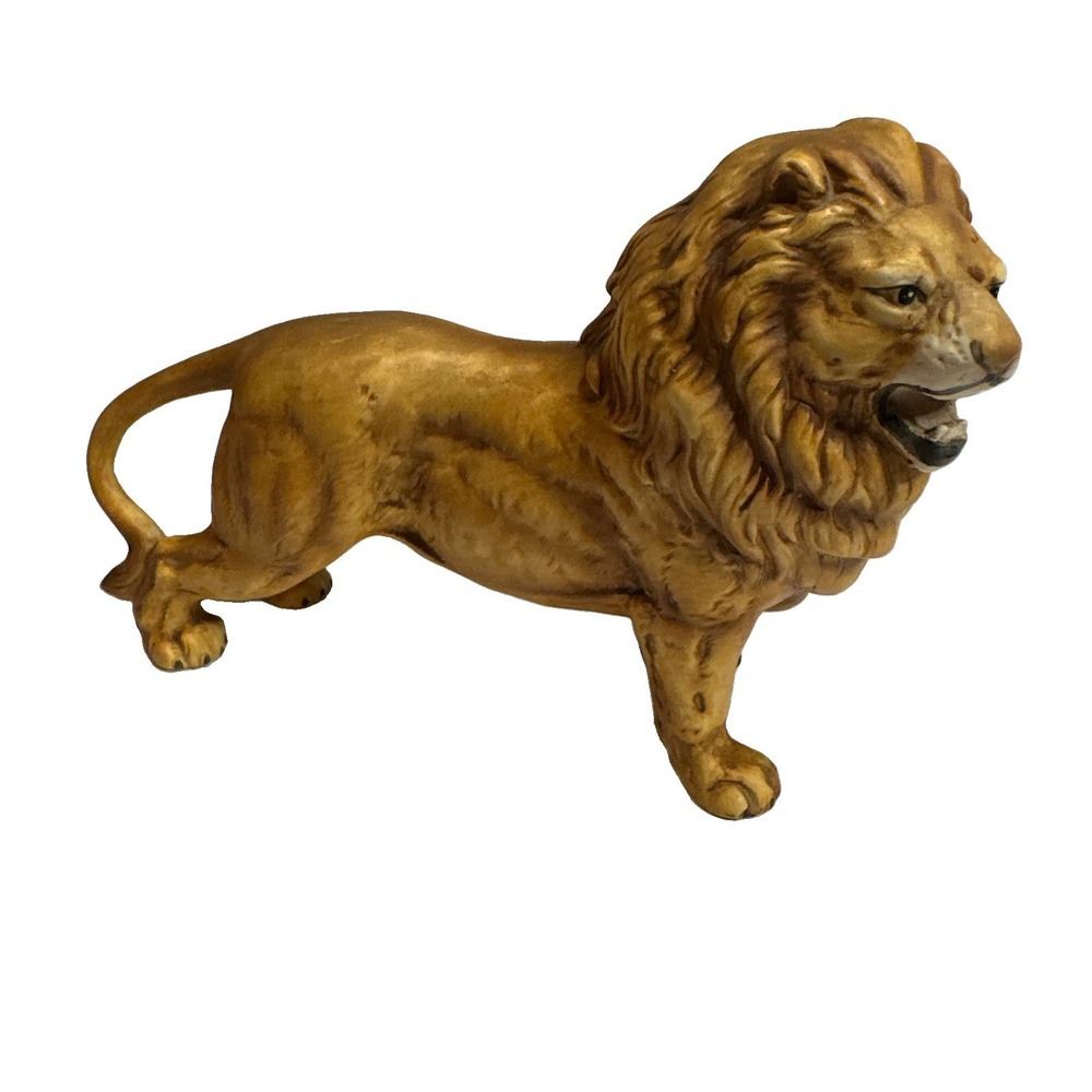 Vintage Hand Painted Bisque Finish Ceramic Lion Figurine, Signed "Lion"